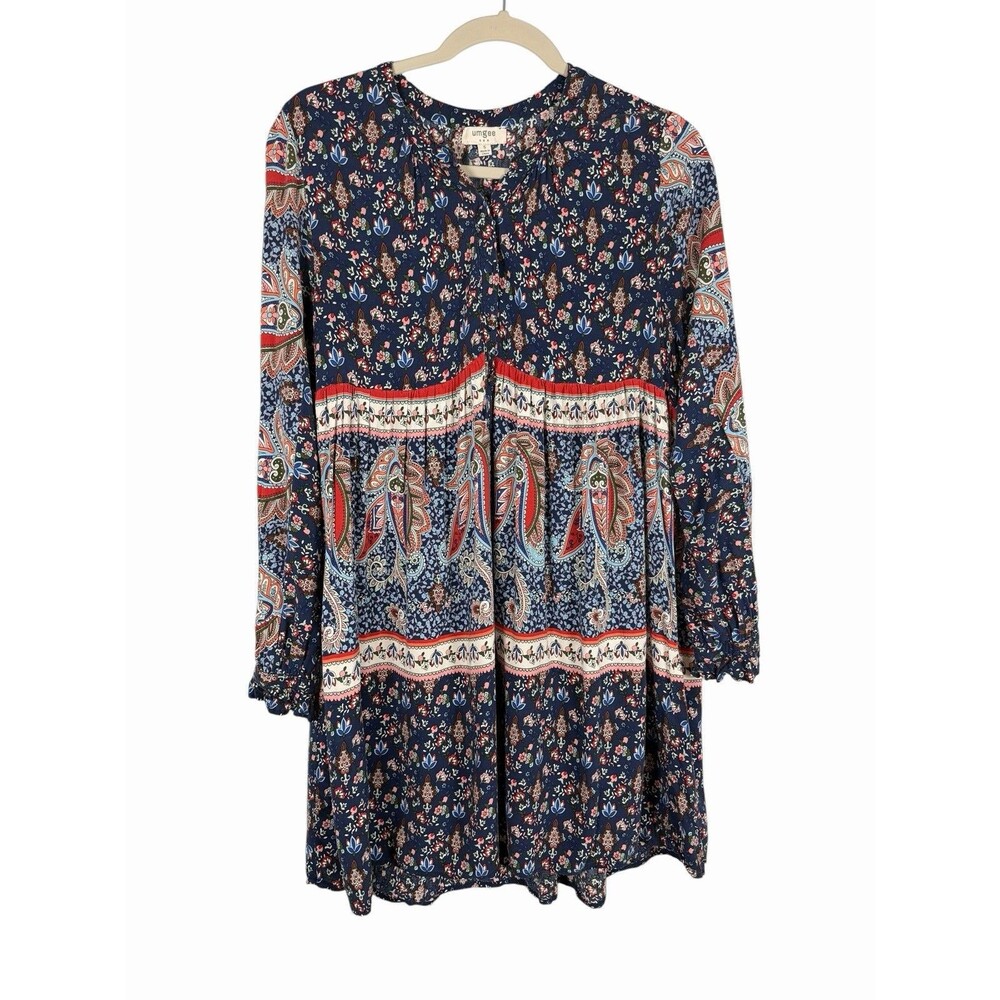 Umgee Hippie Boho Henley Floral Paisley Tunic Top Dress Navy Size Small